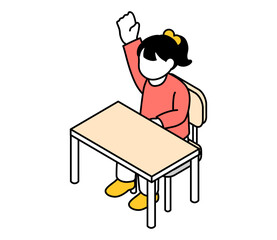 座って挙手をする女の子のアイソメイラスト　ベクター
