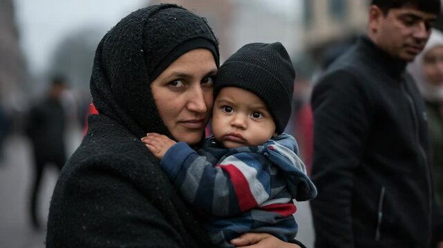 Woman holding child while looking at the camera in a crowded street  