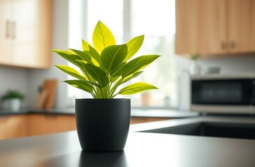Vibrant green plant in modern kitchen setting