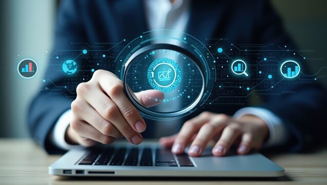 Person interacting with a digital interface displaying data analysis icons.