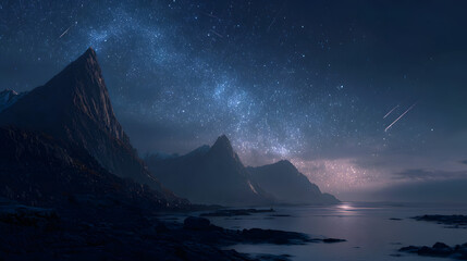 Majestic coastal mountain under starry night sky