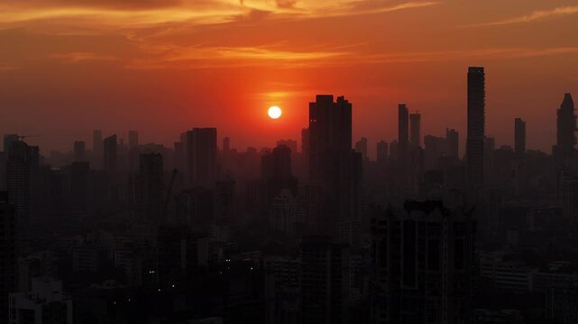 Sun setting between two high-rise skyscrapers in the city of Mumbai.