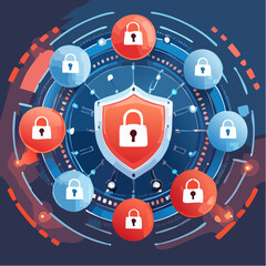 High-tech cybersecurity network interface featuring encrypted nodes, digital protection layers, firewall visuals, and neon red-blue elements on a dark background-generative AI