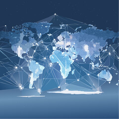 Digital Earth map with glowing connections across regions, representing fast cloud computing, fiber-optic networks, and continuous data flow under a night-lit atmosphere-generative AI