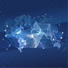 Futuristic world map featuring digital pathways, high-speed fiber optics, and real-time cloud data streams illuminating continents in a high-resolution night view-generative AI