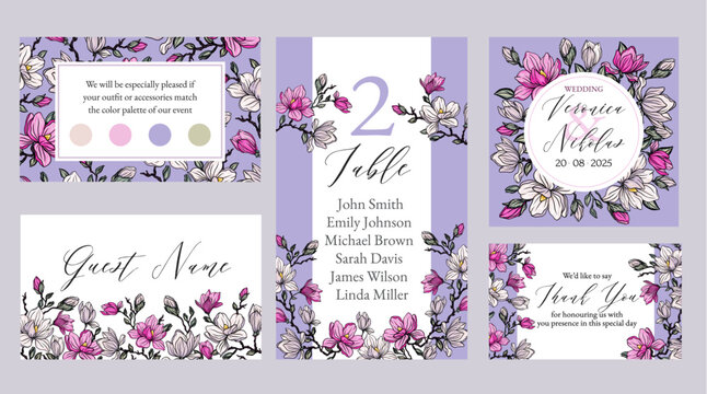 Set Delicate magnolia outlines for invitation design and other stationery. Elegant and modern style, perfect for weddings and events. Easily adaptable to your unique style and format.