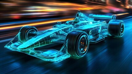 A sleek neon blue and green racing car speeding with futuristic technology. concepts of speed, technology, innovation, business performance, automotive design, racing, and futuristic themes.