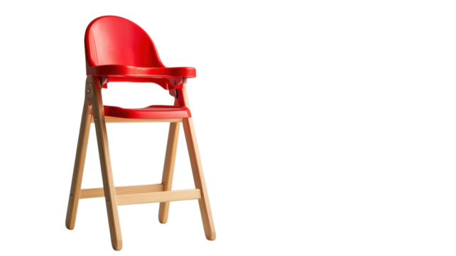 A vibrant red high chair made of wood is ready for children, perfect for meal times at home or in restaurants