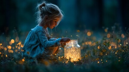 Girl with Fireflies in a Jar at Night in the Forest