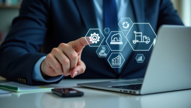 Businessperson interacting with digital icons on a laptop.