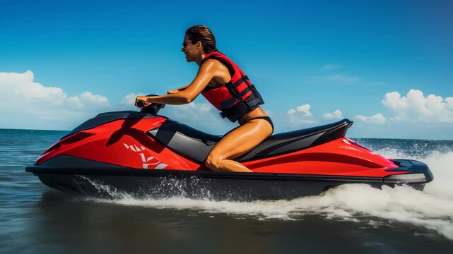 Woman enjoys thrilling jet ski ride on a sunny day embodying freedom and adventure