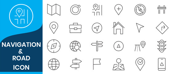 Navigation and roads related outline icons set isolated on white background flat vector illustration. 