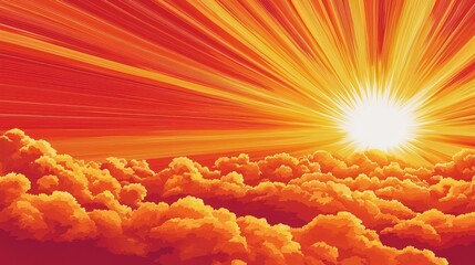 A vibrant sunrise or sunset depicted with radiating light beams emanating from a bright sun, set against a backdrop of fiery orange and red clouds