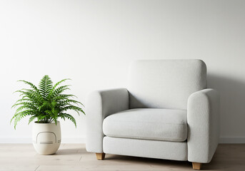 Fototapeta premium Serene Minimalist Living Room Modern Armchair and Potted Plant Interior Design