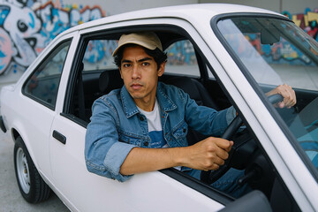 young hispanic man driving white car in urban setting with graffiti background, showcasing street culture and youthful spirit