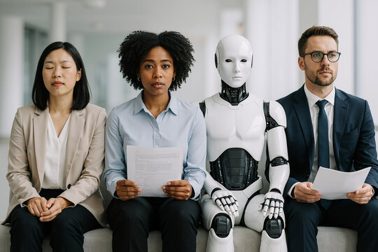 group of diverse individuals including woman, man, and robot seated together in modern office environment, awaiting an important meeting or interview, AI and robots taking jobs