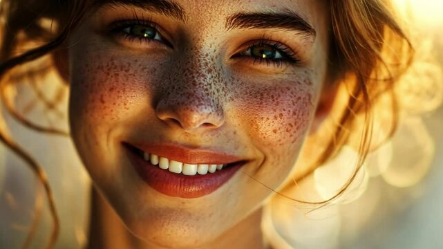 Radiant Portrait of Sunshine: A captivating portrait of a woman, her freckled complexion illuminated by warm sunlight, exudes pure joy and natural beauty in a moment of radiant positivity.