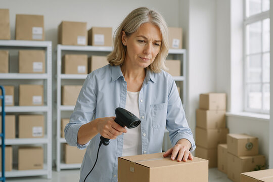 elderly woman scanning barcode on cardboard box in a warehouse, managing inventory and ensuring efficient shipping operations