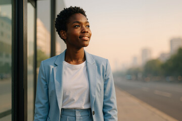 confident young african woman wearing a light blue suit standing outdoors on a city street smiling, enjoying a moment of calm in the bustling urban environment