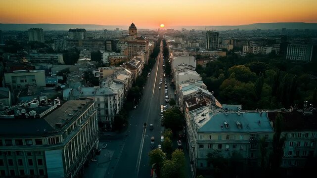Breathtaking aerial view of Sofia city at sunrise, Bulgaria - stock video