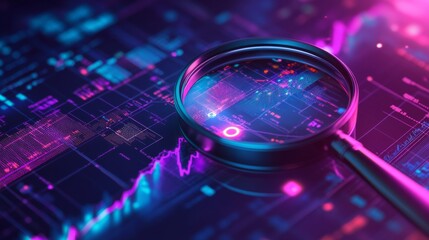 Ultraviolet neon interface showing magnifying glass over digital charts and graphs representing data analysis, big data processing, and search engine optimization in a futuristic tech environment




