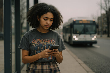 young woman using smartphone while waiting for bus on urban street in foggy weather, showcasing modern lifestyle and technology use