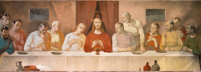 Alessandria - The fresco of Last Supper in the church Chiesa di Santa Maria del Carmine by Pietro Dalle Ceste (1963).