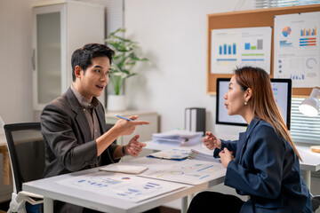 Two people are talking in a business setting