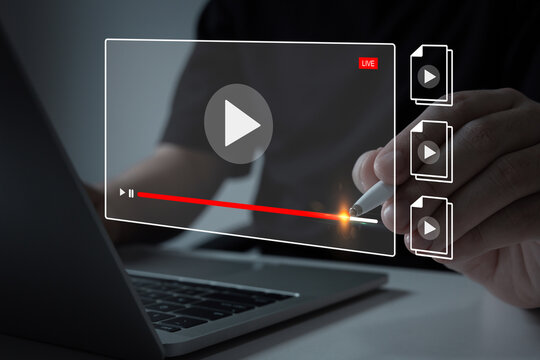 Interactive e-learning with video player interface on laptop computer, showing concept of distance education, online study, virtual classroom, digital learning tools for students or professionals
