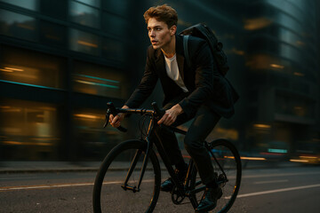 young man in stylish suit riding bicycle through urban streets with motion blur, showcasing modern commuting and city lifestyle