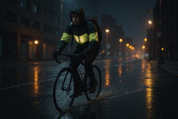 young man cycling through a rainy city at night, wearing a reflective jacket while riding a bicycle on wet streets illuminated by streetlights