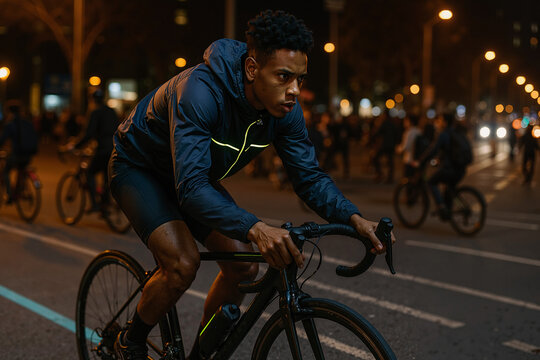 young african man riding bicycle at night on urban street, focused athlete in cycling gear, illuminated city backdrop with vibrant motion and grainy texture