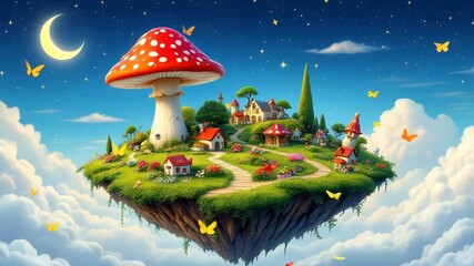 Enchanted floating island with giant mushroom and colorful houses - Powered by Adobe