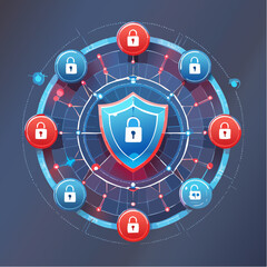 Cybersecurity digital network with locked nodes, data shields, firewall elements, red and blue neon color palette, futuristic UI interface, dark background, advanced tech style-generative AI