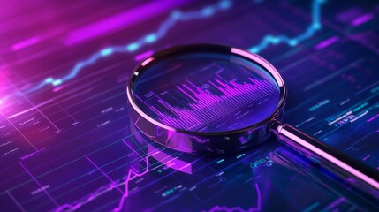 Ultraviolet neon interface showing magnifying glass over digital charts and graphs representing data analysis, big data processing, and search engine optimization in a futuristic tech environment




