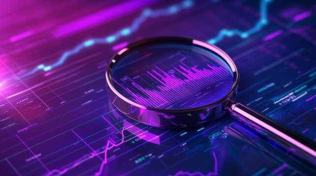 Ultraviolet neon interface showing magnifying glass over digital charts and graphs representing data analysis, big data processing, and search engine optimization in a futuristic tech environment




