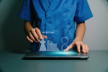 Medical professional interacting with patient data on a digital tablet.