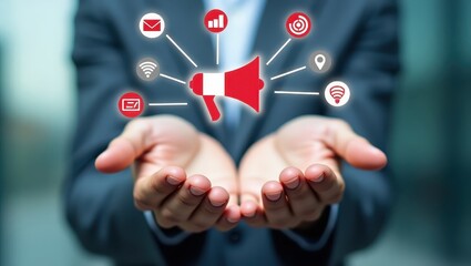 Hands holding a digital megaphone with connected icons.