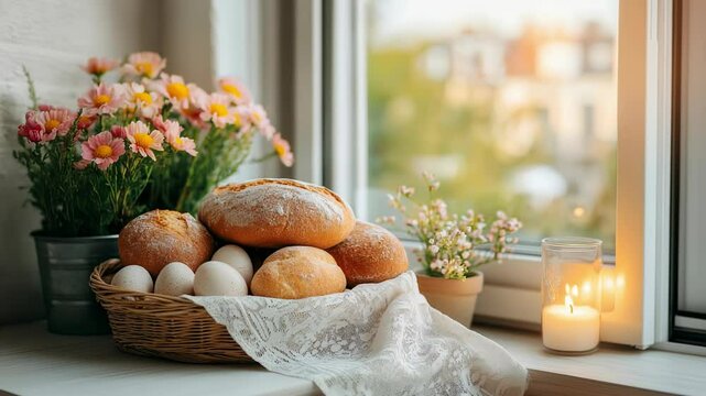Warm light filters through a window as a basket of freshly baked bread rests beside delicate flowers and a glowing candle, creating a serene atmosphere in a charming kitchen.