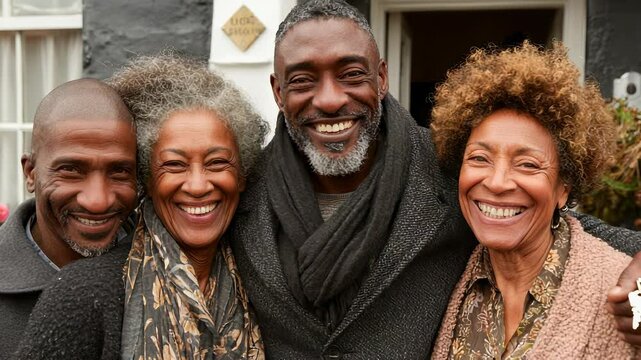 Happy Mature African American Family Portrait Outside New Home, Celebrating Homeownership, Smiling and Embracing Each Other, Generational Wealth, Real Estate