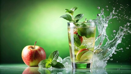 Refreshing Apple Mint Drink with Splashing Water in a Glass