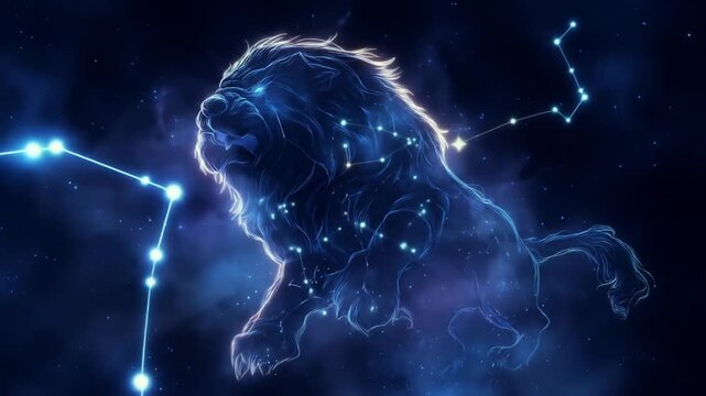 Visualization of leo constellation forming a glowing lion in the night sky.