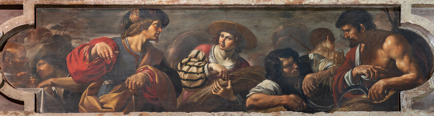 PIACENZA, ITALY - MAY 19, 2025:  The painting of Ruth and Boaz in the church Basilica di Santa Maria di Campagna by Camillo Gavasetti (1596 – 1630)