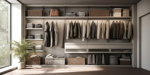 Neutral-toned wardrobe room with long display shelves, hanging space and built-in storage.