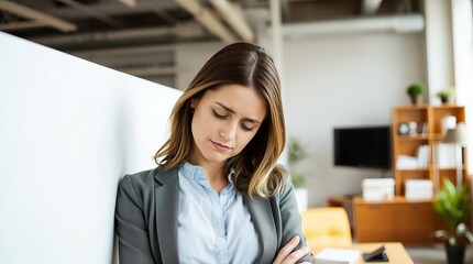 Young female employee at work in the office, leaning against the wall from fatigue, in a gray jacket and a blue blouse
