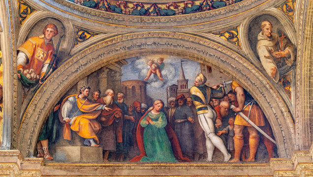 PIACENZA, ITALY - MAY 19, 2025: The fresco of martyrdom of St. Catherine of Alexandria in the church Basilica di Santa Maria di Campagna by  Pordenone (1531-1532).