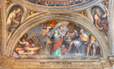 PIACENZA, ITALY - MAY 19, 2025: The fresco of judgment of St. Catherine of Alexandria in the church Basilica di Santa Maria di Campagna by  Pordenone (1531-1532).