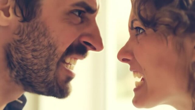 Close-up profile view of man and woman facing each other in intense emotional confrontation, highlighting relationship tension and marital discord. Couple in crisis