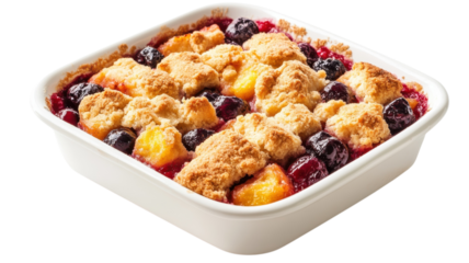Scrumptious fruit cobbler showcasing a blend of berries and peaches, baked to golden perfection for dessert enjoyment