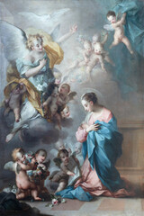 PIACENZA, ITALY - MAY 19, 2025: The painting of Annunciation in the church Basilica di Santa Maria di Campagna by Ignazio Stella from year 1774.